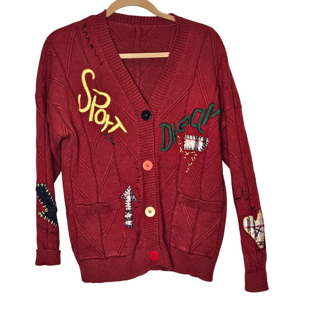 Colorful Embroidered Patchwork Red Cardigan Sweater Button Front Pockets Size M
